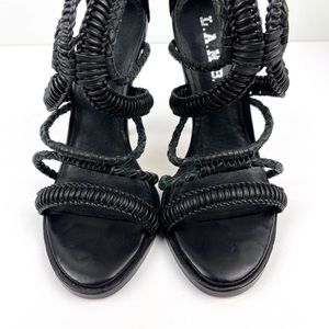 L.A.M.B. Strappy Heel Sandal Woven Leather Gladiator Cage Black 6.5 Womens Adult